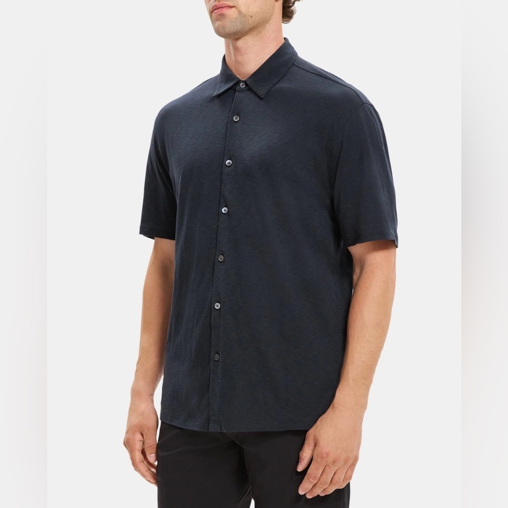 Theory Silk Cotton Navy Blue Button Down Casual Shirt Men’s Size XXL